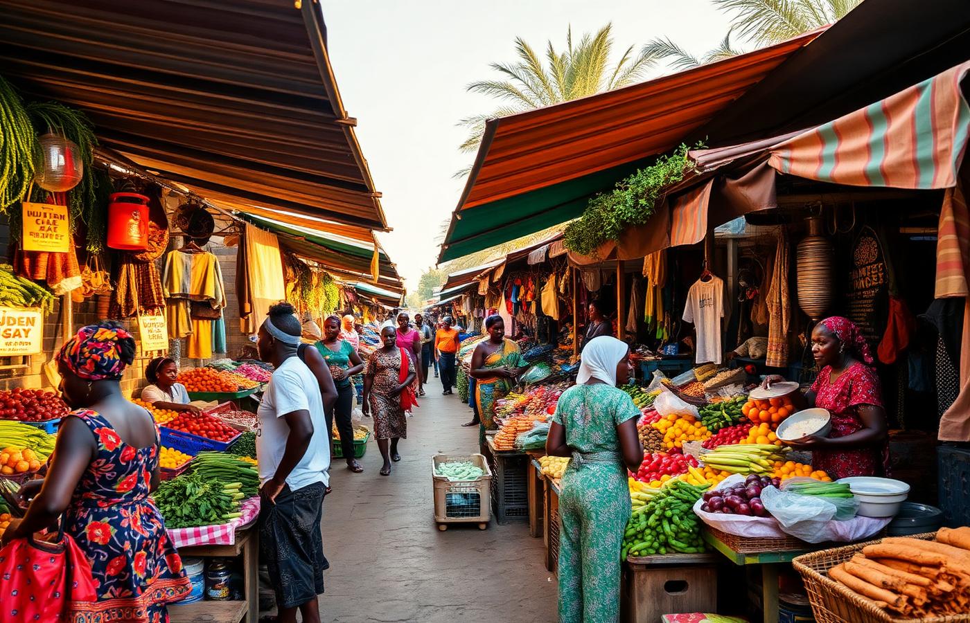 Étals colorés de fruits et légumes au Marché Castors de Dakar
